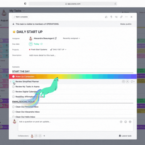 checking tasks off in Asana while rainbows and little animals like seals, cows, narwhales, phoenixes, and unicorns shoot across the screen