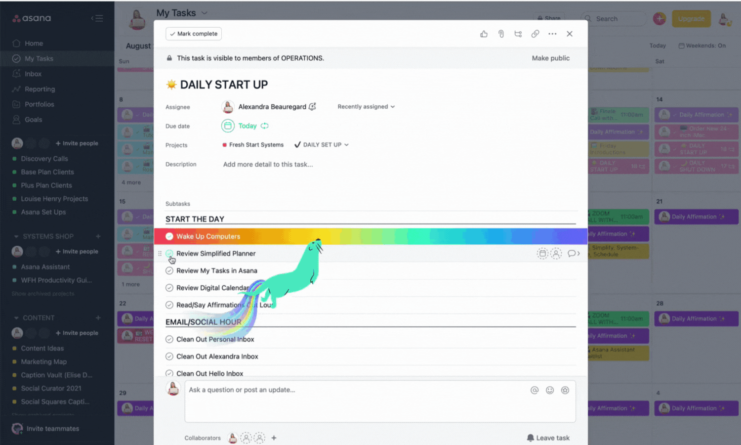 Gif of the rainbows and little animals that shoot across your screen when checking tasks off as complete in Asana