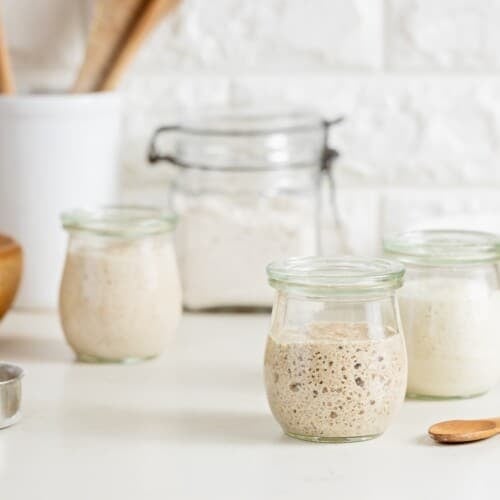 Three small glass jars of sourdough starter in various stages of ferment, with a larger jar of flour and a wooden dish of flour in background. Small wooden spoon and metal measuring cup in foreground, white container of wooden utensils in background, against a white brick wall.