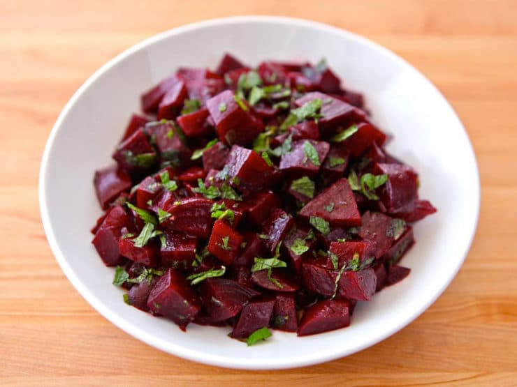 Roasted Beet Salad with Mint - Salad made with roasted beets, balsamic vinegar, olive oil, cumin, sugar, salt and fresh chopped mint. Healthy, vegan, gluten free, kosher.