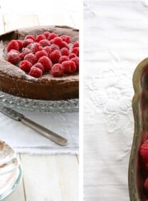 A collage of Flourless Chocolate Hazelnut Cake, one is served on a fancy glass plate topped with raspberries and a serving of raspberries on the left right