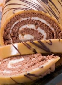 A delicious Cheese Roulade with Caramel Chocolate Glaze