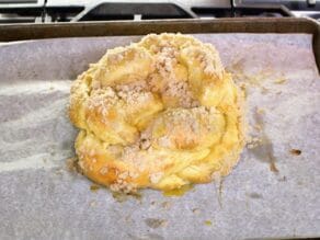 Overhead shot of half baked challah dough.