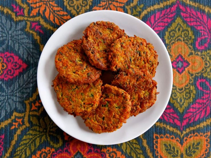 Curry Latkes made from vegetables- no potato shreds. Crispy and tasty, a healthier latke.