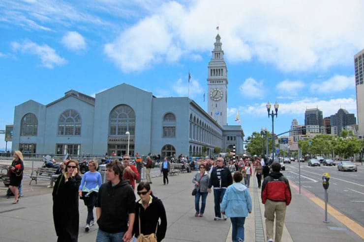 Ferry Plaza San Francisco - outdoor shot, crowd walking by.