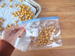 Frozen chickpeas in plastic zipper bag.