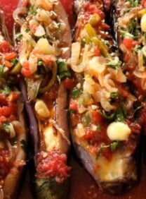 A delicious stuffed eggplant with tomato sauce