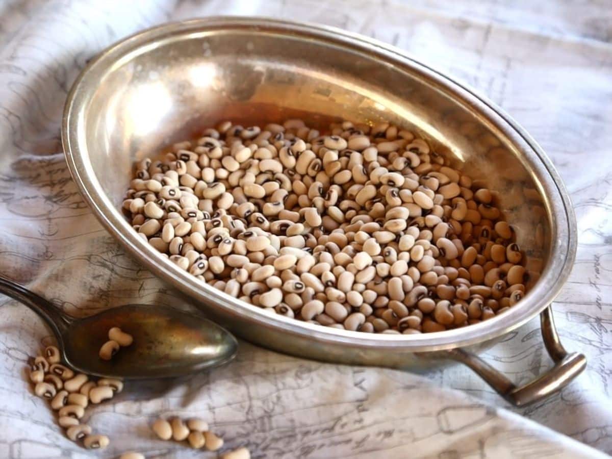 Black Eyed Peas in a steel pan on a white pattern cloth