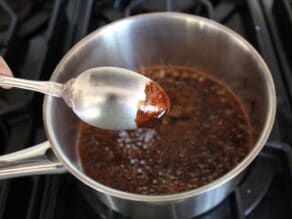 Balsamic reduction coating the back of a spoon over pan of balsamic on stovetop.