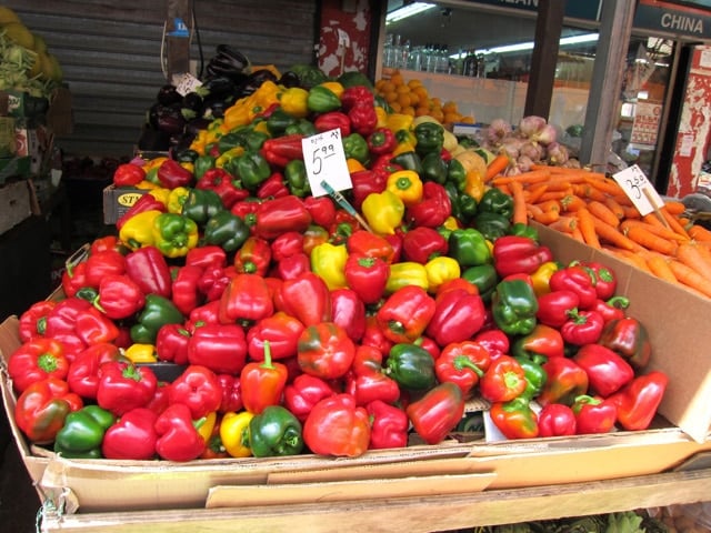 A pile of bell peppers for sale at the Carmel Market