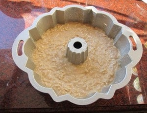 Batter poured into a bundt pan.