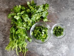 Fresh herbs next to two small dishes of chopped herbs.