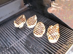 Chicken breasts on a grill.