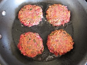 Red Rice and Beet Cakes with Honey Mustard - Crispy, fried vegetarian cakes with a sweet sauce from Simply Ancient Grains