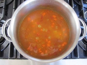 Tomato paste and seasoning added to pot.