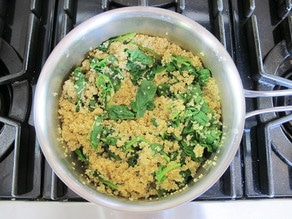 Sweet Potato Spinach Quinoa Casserole - Vegan gluten free entree for Passover or anytime, topped with a rich coconut-saffron “gratin” sauce.