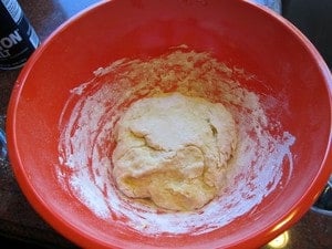 Dough ball in a mixing bowl.