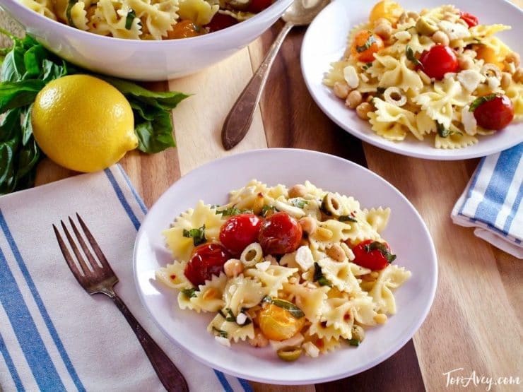 Lemon Pasta Salad Recipe with Roasted Tomatoes, Chickpeas and Feta