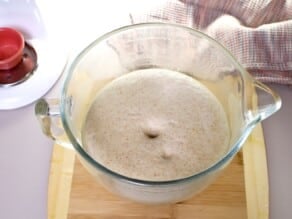 Risen dough in glass bowl near stand mixer, with indentation from finger that does not pop back.