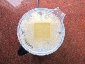 Creamy dressing in blender, emulsified.