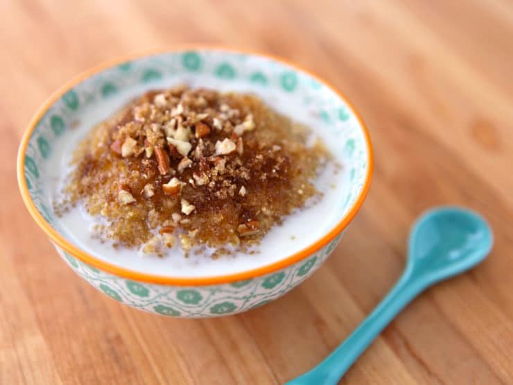 A warm and comforting breakfast dish made with quinoa, sweetened with maple syrup and brown sugar