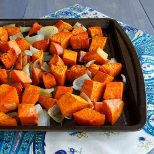 Spicy Roasted Sweet Potatoes - Healthy roasted yams with sweet Maui onions and spicy chili pepper flakes.