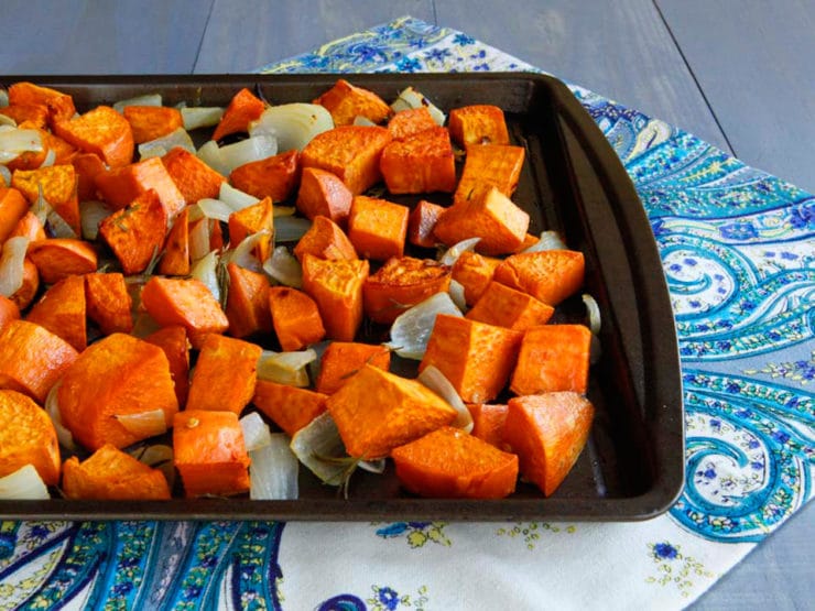 Spicy Roasted Sweet Potatoes - Healthy roasted yams with sweet Maui onions and spicy chili pepper flakes.