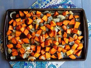 Spicy Roasted Sweet Potatoes - Healthy roasted yams with sweet Maui onions and spicy chili pepper flakes.