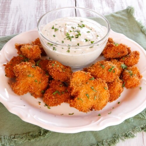 Vegan buttermilk panko fried mushrooms served with a savory dip