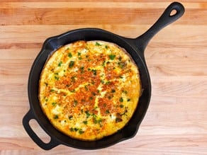 Mushroom, Harissa & Goat Cheese Frittata - A delicious and healthy frittata with seared mushrooms, spicy harissa, garlic, fresh parsley and goat cheese. Easy light entree. Kosher, Dairy.