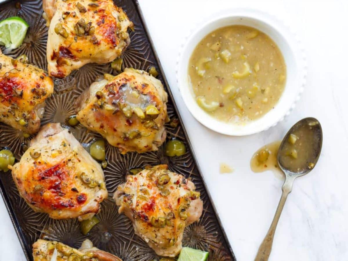 Chicken thighs with green onions and lime sauce, Mediterranean Olive Chicken