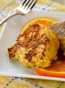 Passover French Toast - Kosher for Passover French toast from Kristy at Eat, Play, Love with homemade Passover citrus sponge cake made from matzo cake meal. Kosher, Dairy, Pesach.