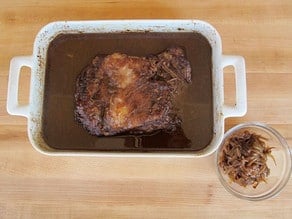 Scrape onions from brisket and reserve in a bowl.