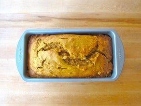 Pumpkin spice cake baked in a loaf pan.