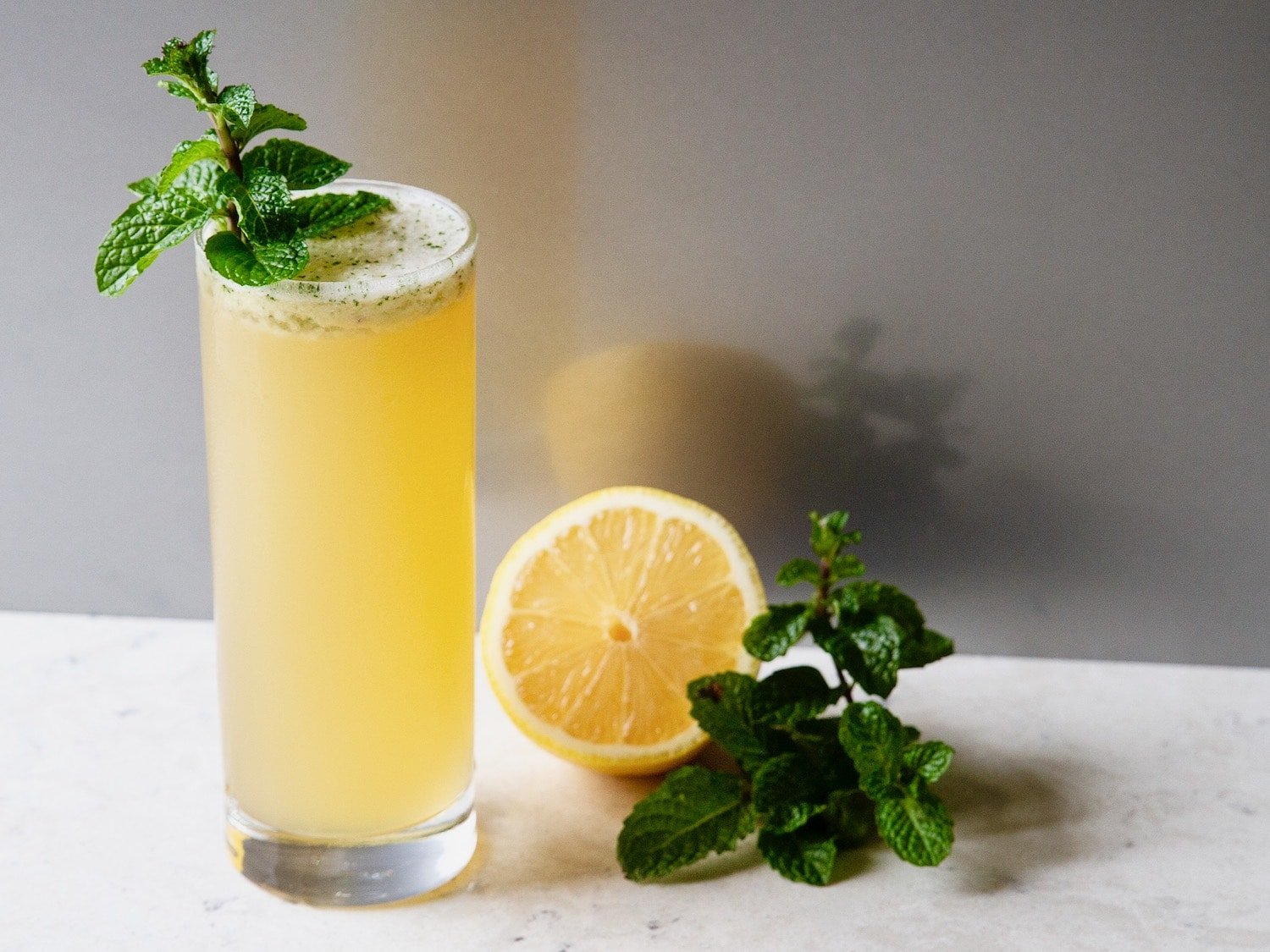 Horizontal shot of lemon cocktail in a tall glass, garnished with a sprig of fresh mint. A sliced lemon and another sprig of mint sit off to the right side.