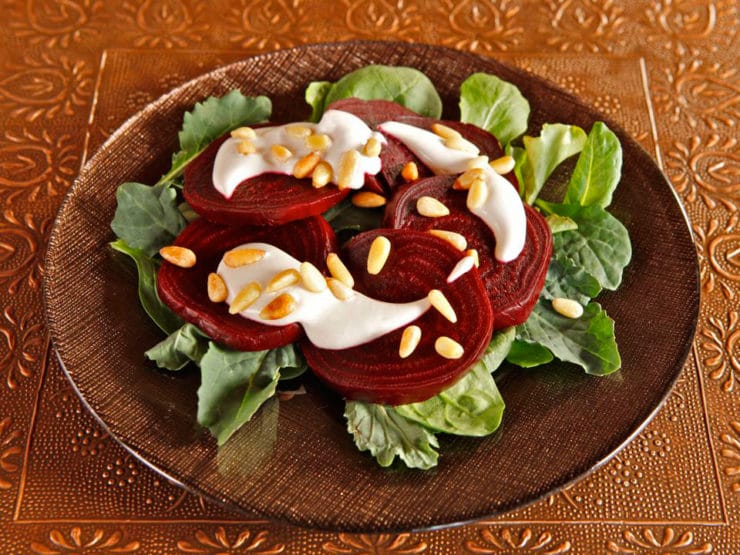 Roasted Beets with Tahini and Pine Nuts - Sweet, earthy beets and creamy sesame tahini dressing. Appetizer salad, aphrodisiac Recipe for Valentine's Day. Vegan, healthy.