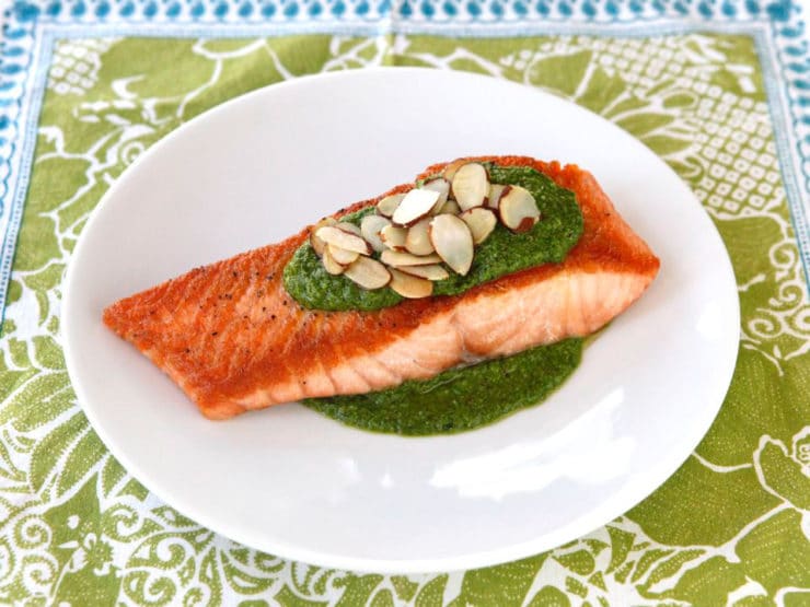 Seared Salmon with Toasted Almond Pesto