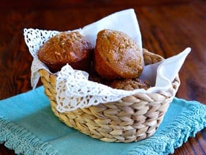 Seven Species Muffins - Biblical Recipe for Tu B'Shevat. These scrumptious muffins include the Seven Species of the Torah - Wheat, Barley, Fig, Date, Pomegranate, Olive, Grape. Kosher, Pareve.