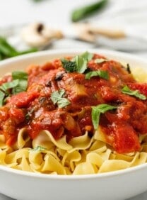 Horizonal shot of a bowl of egg noodles topped with chicken cacciatore in tomato sauce and garnished with parsley.