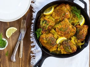 Tender chicken cooked with dill and turmeric, creating a flavorful and aromatic dish