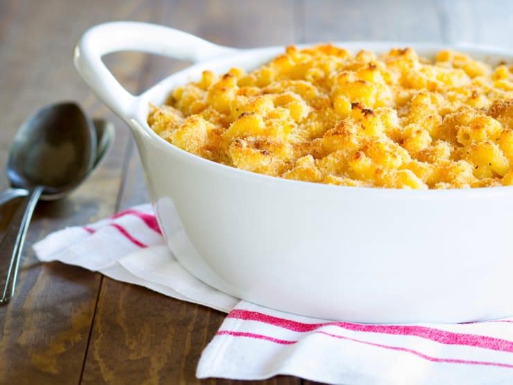 Bowl of creamy macaroni and cheese made with Greek yogurt