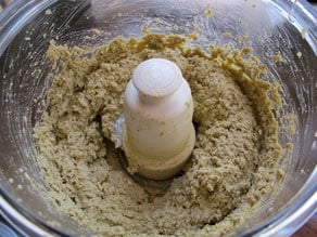 Peas and hard boiled eggs in a food processor.