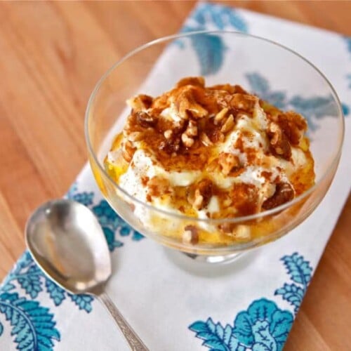 Yiaourti Me Meli - A simple Greek dessert with Greek yogurt, walnuts, cinnamon and honey. A no-bake treat that is full of protein. Vegetarian, gluten free.