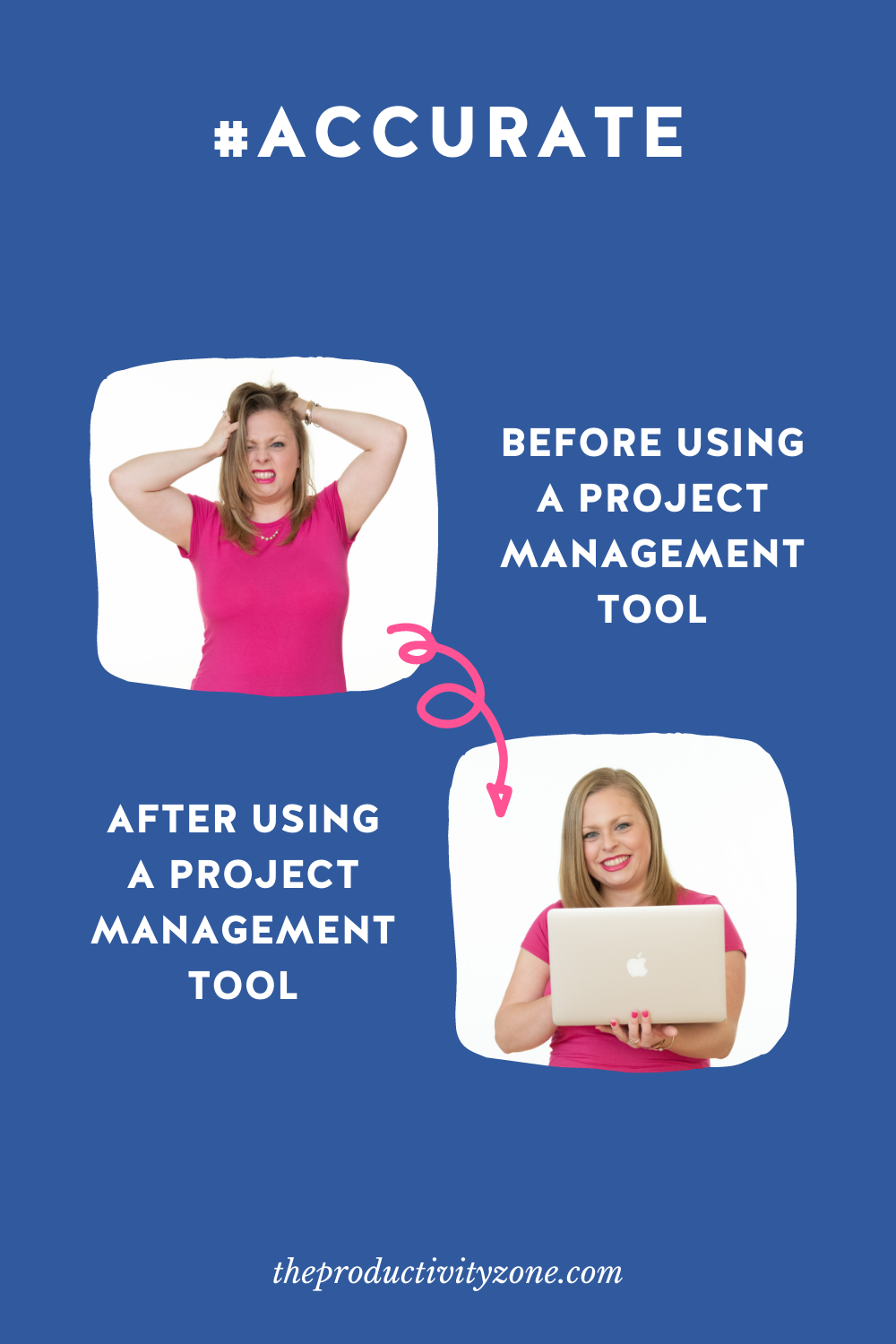 Navy background with a photo depicting what business is like BEFORE using a project management tool (stressed, hair a mess) and another picture depicting life AFTER using a project management tool (happy business owner)