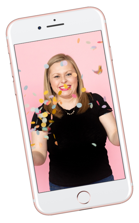Photo of Alexandra of The Productivity Zone throwing colorful confetti in an iPhone mockup.