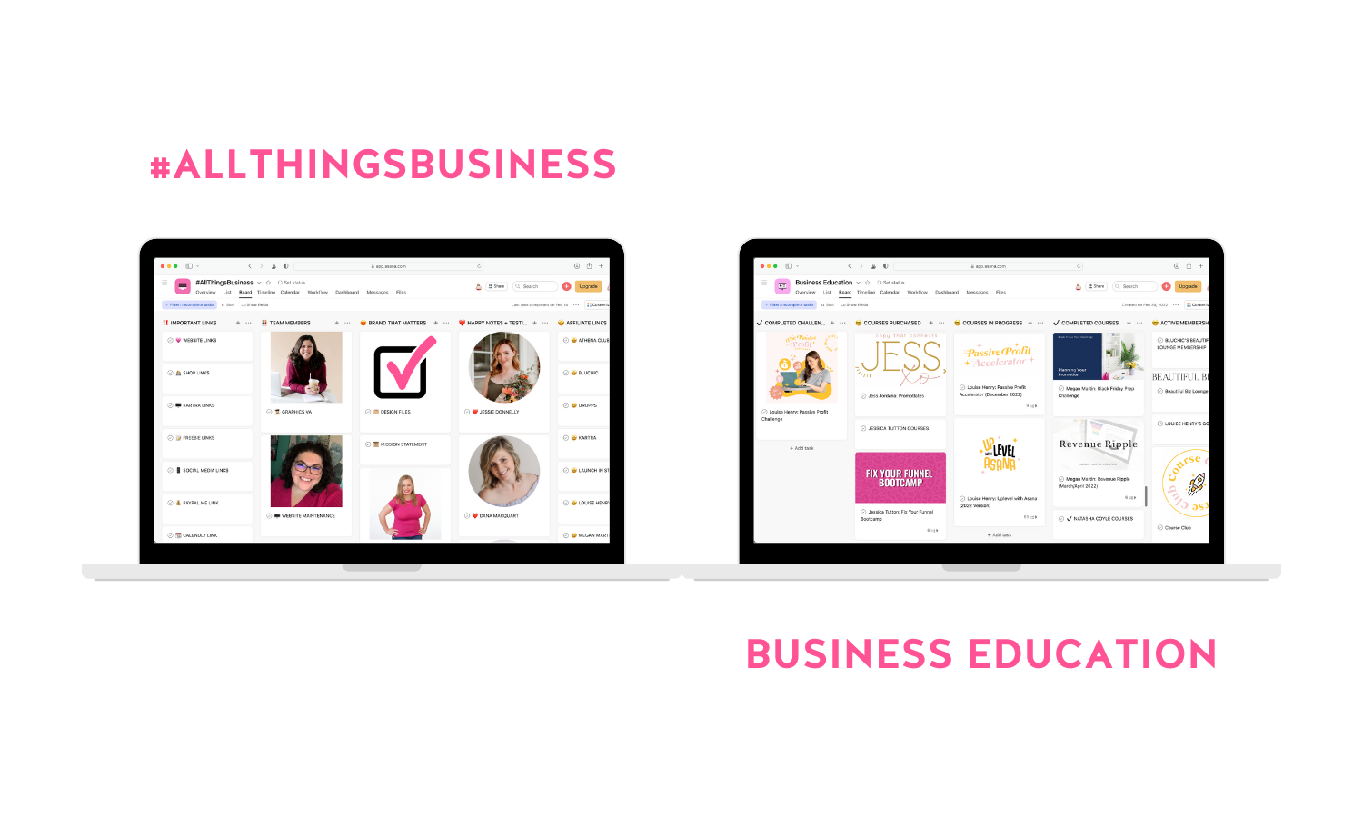 Screenshots of my #AllThingsBusiness and Business Education projects in Asana.