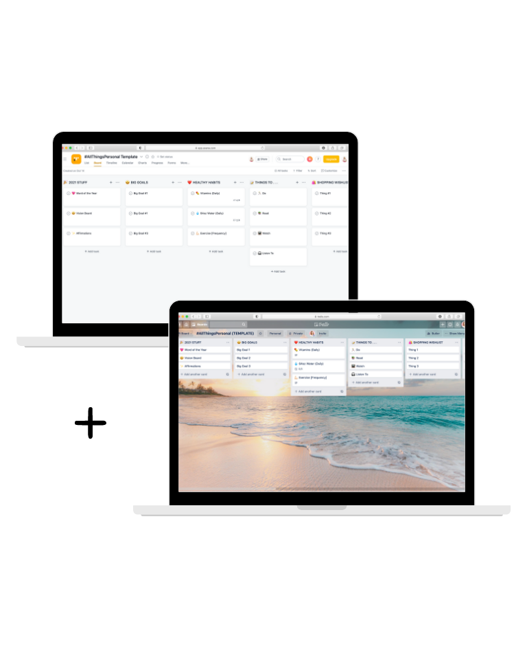 All Things Personal Asana and Trello template mockups.