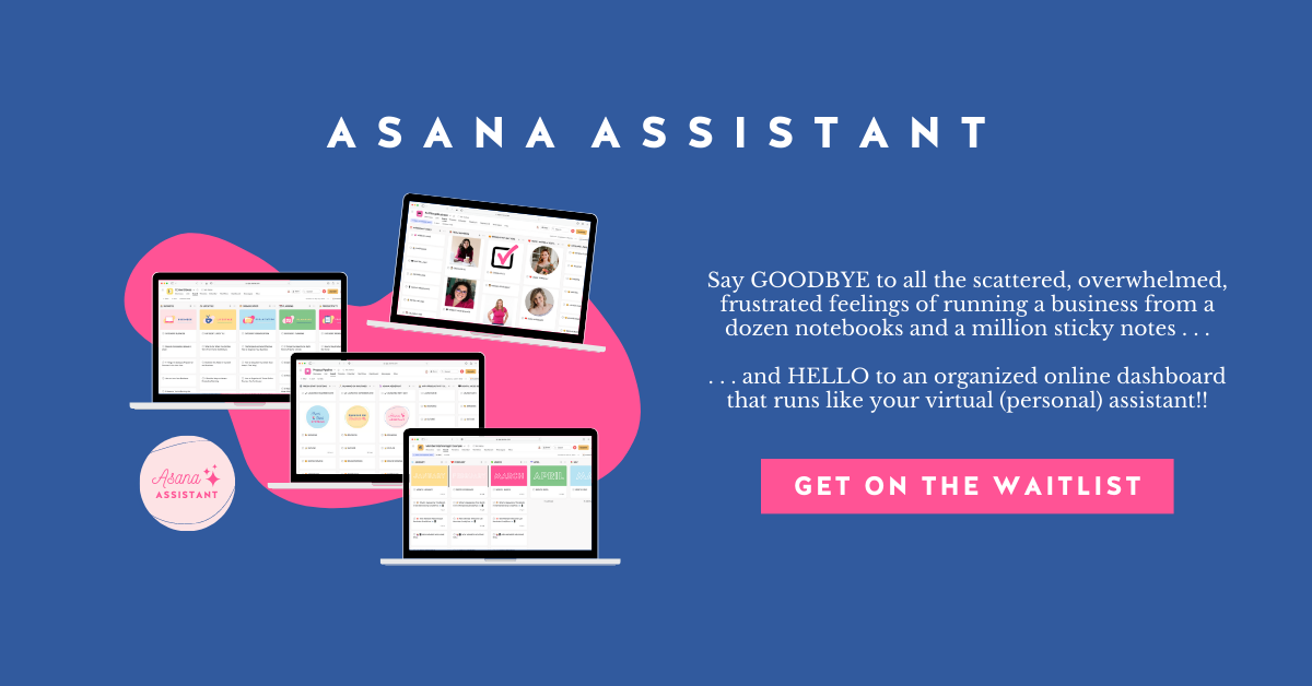 Laptop mockups featuring Asana Assistant templates on a navy background.