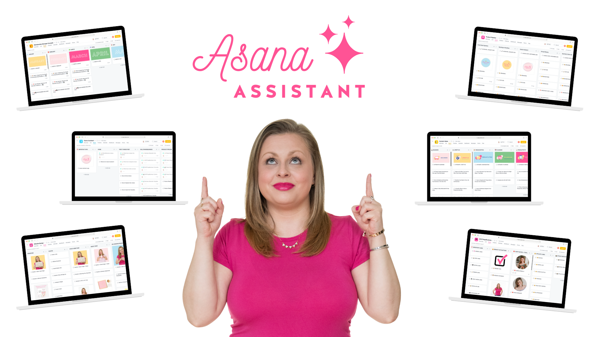 Alexandra of The Productivity Zone in a hot pink t-shirt pointing up at the Asana Assistant logo surrounded by laptop mockups featuring her Asana Assistant templates