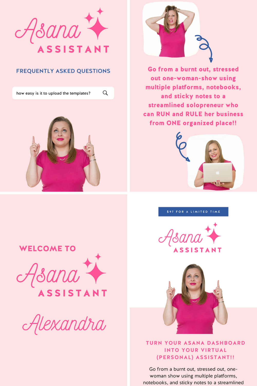 collage of four different Asana Assistant launch graphics for Instagram Stories